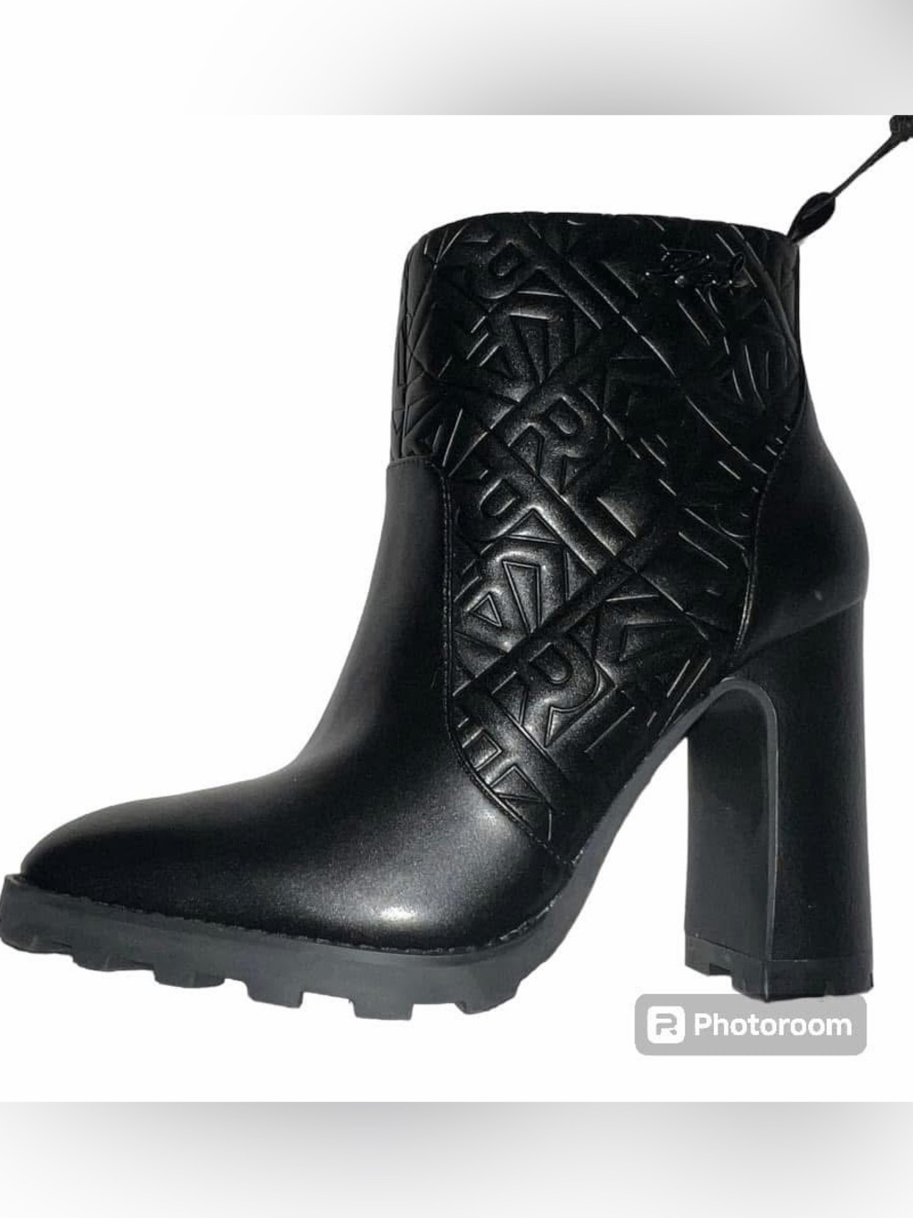 Karl Lagerfeld Black Quilted Logo High Block Heel Ankle Boots